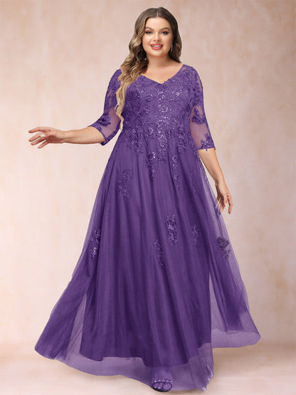 Robe de Mère de la Mariée Grande Taille Coupe A-Line/Princess Col En V Manches 3/4 avec Appliques et Paillettes