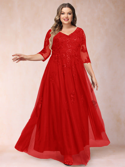 Robe de Mère de la Mariée Grande Taille Coupe A-Line/Princess Col En V Manches 3/4 avec Appliques et Paillettes