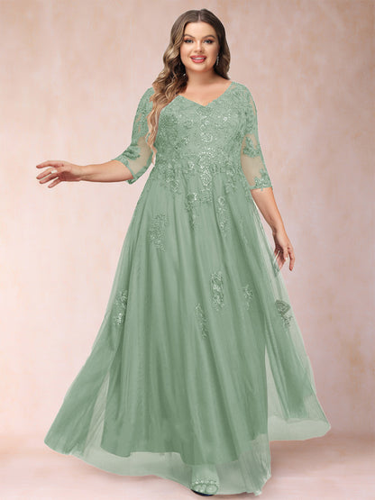 Robe de Mère de la Mariée Grande Taille Coupe A-Line/Princess Col En V Manches 3/4 avec Appliques et Paillettes