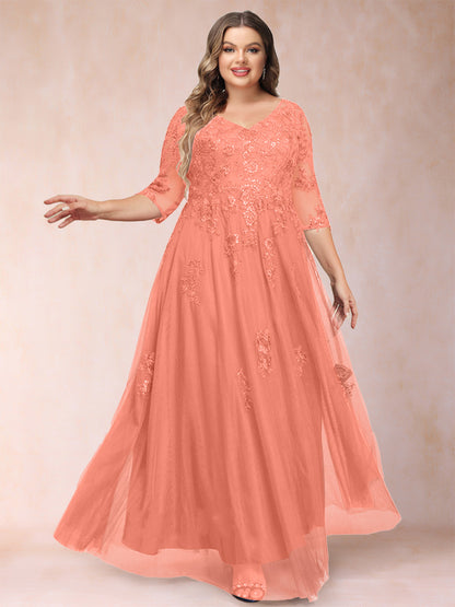 Robe de Mère de la Mariée Grande Taille Coupe A-Line/Princess Col En V Manches 3/4 avec Appliques et Paillettes