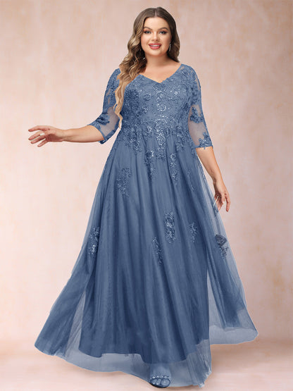 Robe de Mère de la Mariée Grande Taille Coupe A-Line/Princess Col En V Manches 3/4 avec Appliques et Paillettes