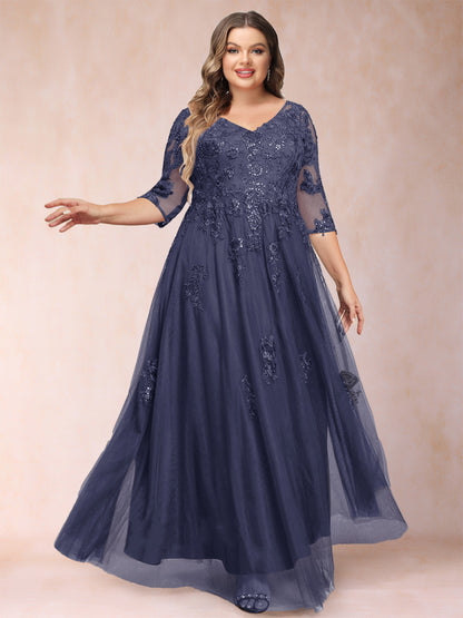 Robe de Mère de la Mariée Grande Taille Coupe A-Line/Princess Col En V Manches 3/4 avec Appliques et Paillettes