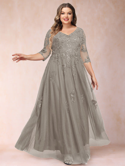Robe de Mère de la Mariée Grande Taille Coupe A-Line/Princess Col En V Manches 3/4 avec Appliques et Paillettes