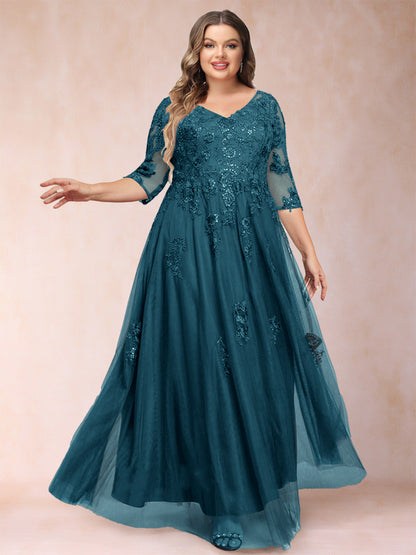 Robe de Mère de la Mariée Grande Taille Coupe A-Line/Princess Col En V Manches 3/4 avec Appliques et Paillettes
