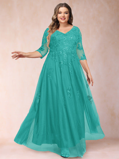 Robe de Mère de la Mariée Grande Taille Coupe A-Line/Princess Col En V Manches 3/4 avec Appliques et Paillettes