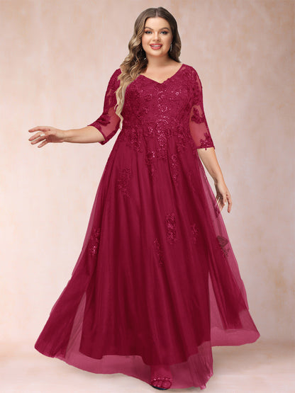 Robe de Mère de la Mariée Grande Taille Coupe A-Line/Princess Col En V Manches 3/4 avec Appliques et Paillettes