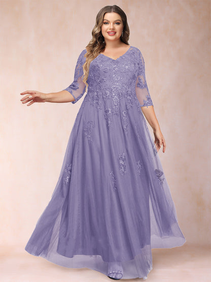 Robe de Mère de la Mariée Grande Taille Coupe A-Line/Princess Col En V Manches 3/4 avec Appliques et Paillettes