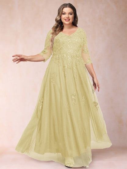 Robe de Mère de la Mariée Grande Taille Coupe A-Line/Princess Col En V Manches 3/4 avec Appliques et Paillettes