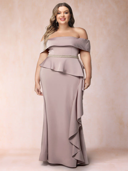 Robes de Mère de la Mariée Grande Taille, Fourreau/Colonne, Épaules Dénudées avec Strass et Volants