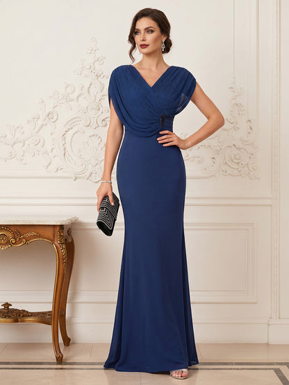 Robe Mère de la Mariée Trompette/Sirène Col en V Manches Courtes Longueur Sol Plissée avec Strass