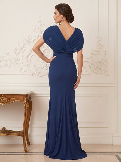 Robe Mère de la Mariée Trompette/Sirène Col en V Manches Courtes Longueur Sol Plissée avec Strass