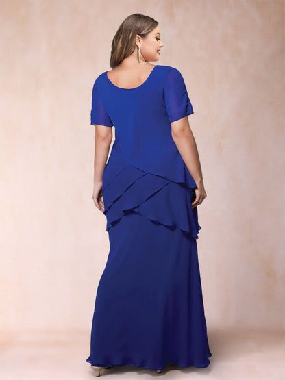 Robe de Mère de la Mariée Grande Taille, Fourreau/Colonne, Manches Courtes, en Mousseline avec Volants