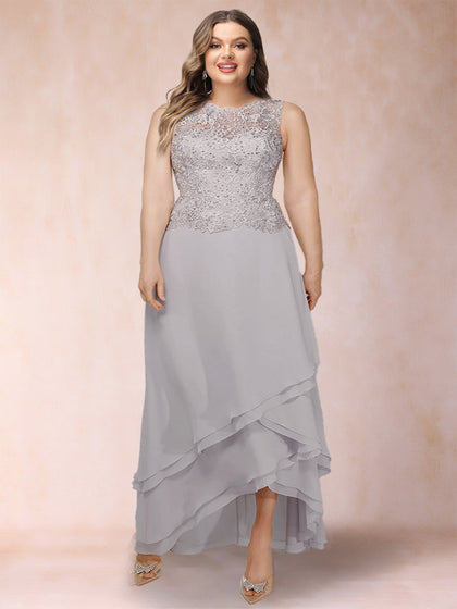 Robe Mère de la Mariée Grande Taille en Mousseline, Coupe Trapèze/Princesse avec Veste et Appliqués