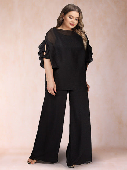 Ensemble 2 Pièces en Mousseline Noire à Manches Courtes et Volants, Grande Taille