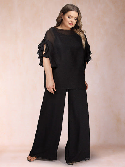 Ensemble 2 Pièces en Mousseline Noire à Manches Courtes et Volants, Grande Taille