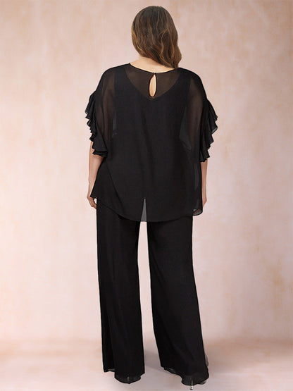 Ensemble 2 Pièces en Mousseline Noire à Manches Courtes et Volants, Grande Taille