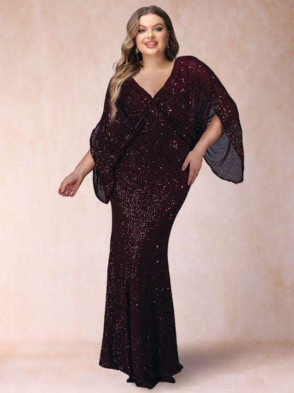 Robe de Mère de la Mariée Grande Taille, Fourreau/Colonne, Col en V, Longueur au Sol, Froncée
