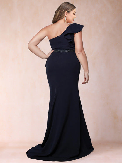 Robe de Mère de la Mariée Grande Taille, Fourreau/Colonne, Asymétrique, Froncée avec Volants et Fente Sur le Côté