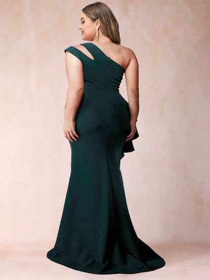 Robe de Mère de la Mariée Grande Taille, Fourreau/Colonne, Asymétrique, Sans Manches, Froncée, à Volants