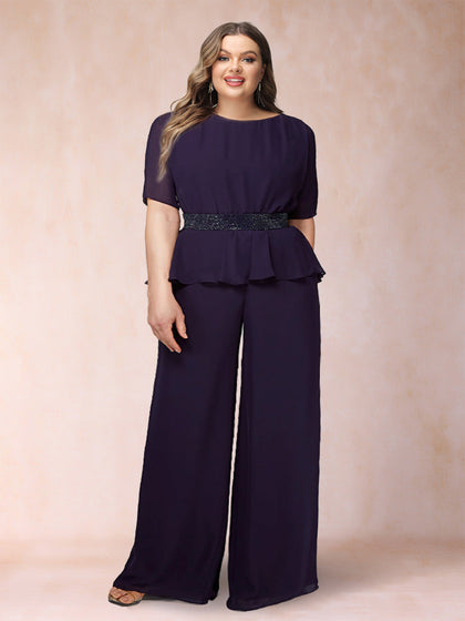 Ensemble 2 Pièces Grande Taille en Mousseline à Manches Courtes et Ceinture en Strass