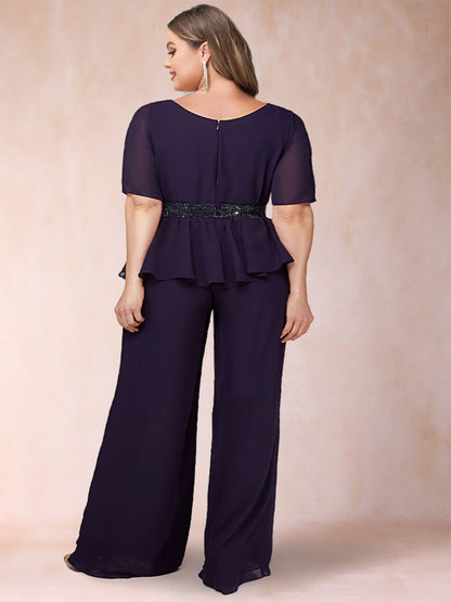 Ensemble 2 Pièces Grande Taille en Mousseline à Manches Courtes et Ceinture en Strass
