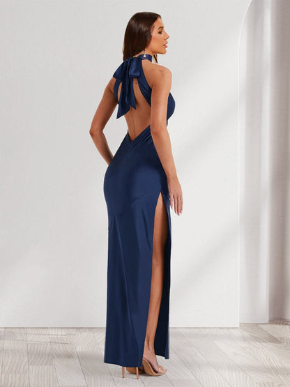 Robe de Soirée Fourreau/Colonne à Col Licou Sans Manches Longueur Cheville avec Fente Haute