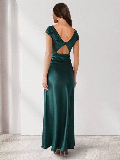 Robe de Soirée Fourreau/Colonne à Col Bénitier Manches Courtes Longueur Cheville avec Fente Sur Le Côté