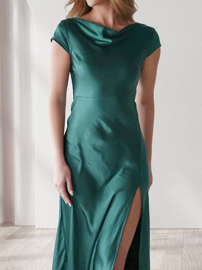 Robe de Soirée Fourreau/Colonne à Col Bénitier Manches Courtes Longueur Cheville avec Fente Sur Le Côté