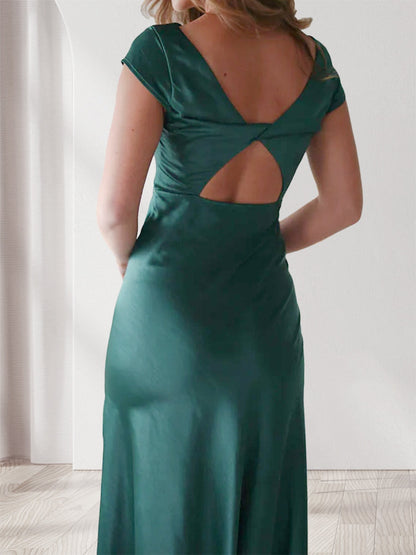 Robe de Soirée Fourreau/Colonne à Col Bénitier Manches Courtes Longueur Cheville avec Fente Sur Le Côté