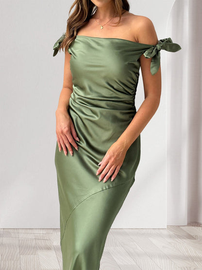 Robe de Soirée Fourreau/Colonne à Épaules Dénudées Sans Manches Froncée Longueur Au Sol avec Nœud(S)
