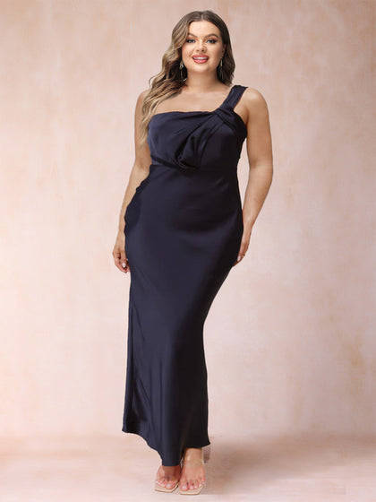 Robe de Mère de la Mariée Grande Taille, Fourreau/Colonne, Asymétrique, Froncée, Longueur Cheville, en Satin