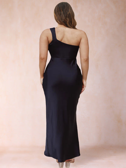 Robe de Mère de la Mariée Grande Taille, Fourreau/Colonne, Asymétrique, Froncée, Longueur Cheville, en Satin