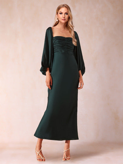 Robe de Soirée Élégante à Manches Longues et Froncées Coupe Fourreau/Colonne Décolleté En Cœur