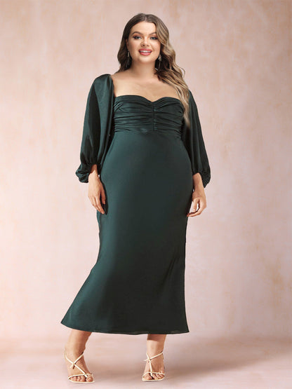 Robe de Soirée Élégante Grande Taille, Fourreau/Colonne, Décolleté en Cœur, Manches Longues Froncées