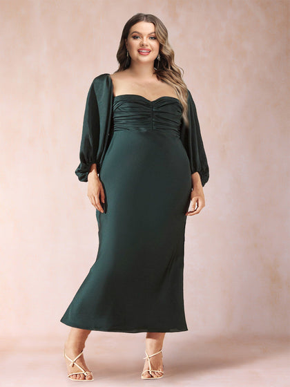 Robe de Soirée Élégante Grande Taille, Fourreau/Colonne, Décolleté en Cœur, Manches Longues Froncées