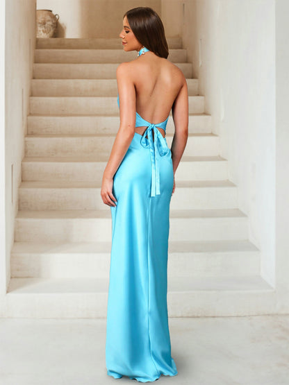 Robe de Bal Longue Sexy à Col Licou et à Fronces Longueur Au Sol avec Strass