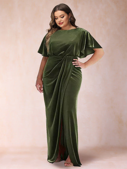 Robe de Soirée Grande Taille, Fourreau/Colonne, Manches Courtes, Décolleté Plongeant avec Fente Latérale et Volants