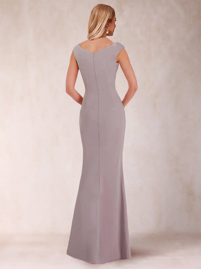 Robe de Soirée Fourreau/Colonne à Col En V Sans Manches Froncée avec Côté Fendu et Nœud(S)