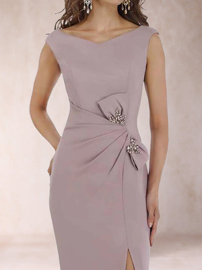Robe de Soirée Fourreau/Colonne à Col En V Sans Manches Froncée avec Côté Fendu et Nœud(S)