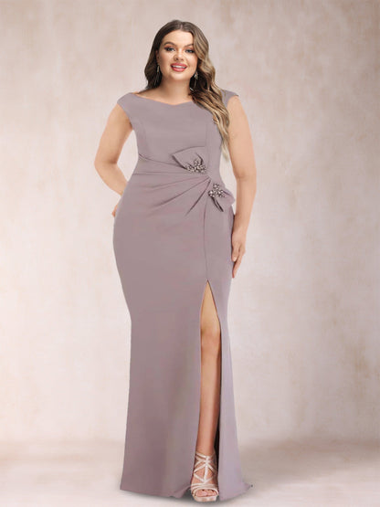 Robe de Soirée Grande Taille, Coupe Fourreau/Colonne, Col en V, Sans Manches, Froncée avec Fente Sur le Côté et Nœud(S)