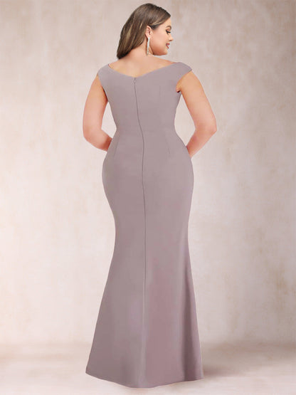 Robe de Soirée Grande Taille, Coupe Fourreau/Colonne, Col en V, Sans Manches, Froncée avec Fente Sur le Côté et Nœud(S)