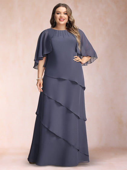 Robe de Mère de la Mariée Grande Taille, Coupe A-Line/Princesse, Manches Mi-Longues avec Volants et Perles