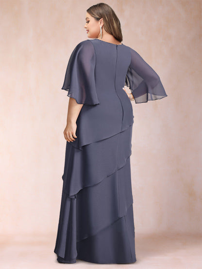 Robe de Mère de la Mariée Grande Taille, Coupe A-Line/Princesse, Manches Mi-Longues avec Volants et Perles