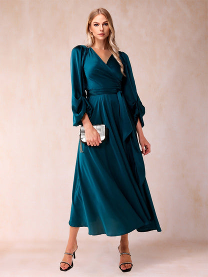 Robe de Mère de la Mariée Coupe A-Line/Princess Col En V Manches 3/4 Longueur Thé avec Ceinture