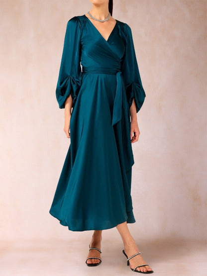 Robe de Mère de la Mariée Coupe A-Line/Princess Col En V Manches 3/4 Longueur Thé avec Ceinture