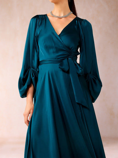 Robe de Mère de la Mariée Coupe A-Line/Princess Col En V Manches 3/4 Longueur Thé avec Ceinture