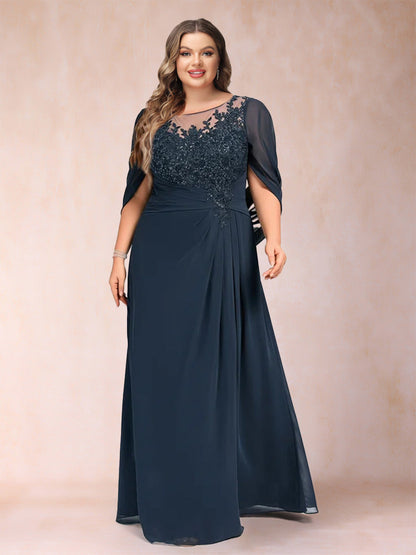 Robe de Mère de la Mariée Grande Taille, Coupe Trapèze/Princesse, Manches Mi-Longues avec Appliques et Volants