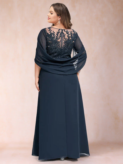 Robe de Mère de la Mariée Grande Taille, Coupe Trapèze/Princesse, Manches Mi-Longues avec Appliques et Volants