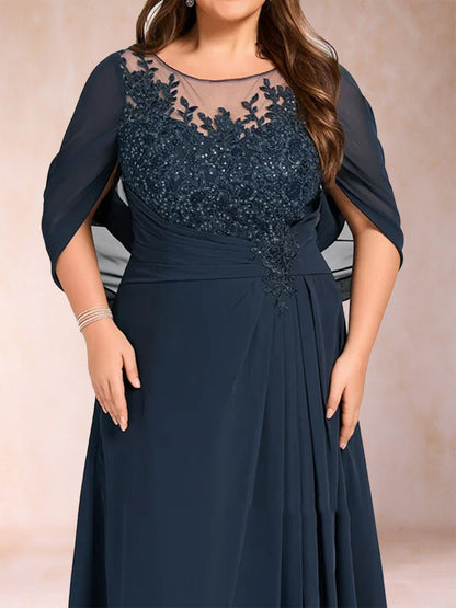 Robe de Mère de la Mariée Grande Taille, Coupe Trapèze/Princesse, Manches Mi-Longues avec Appliques et Volants