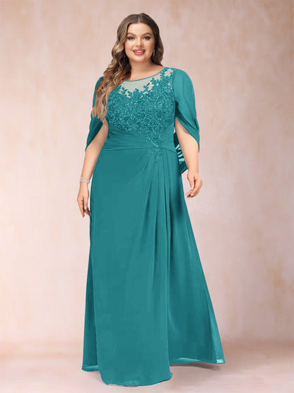 Robe de Mère de la Mariée Grande Taille, Coupe Trapèze/Princesse, Manches Mi-Longues avec Appliques et Volants